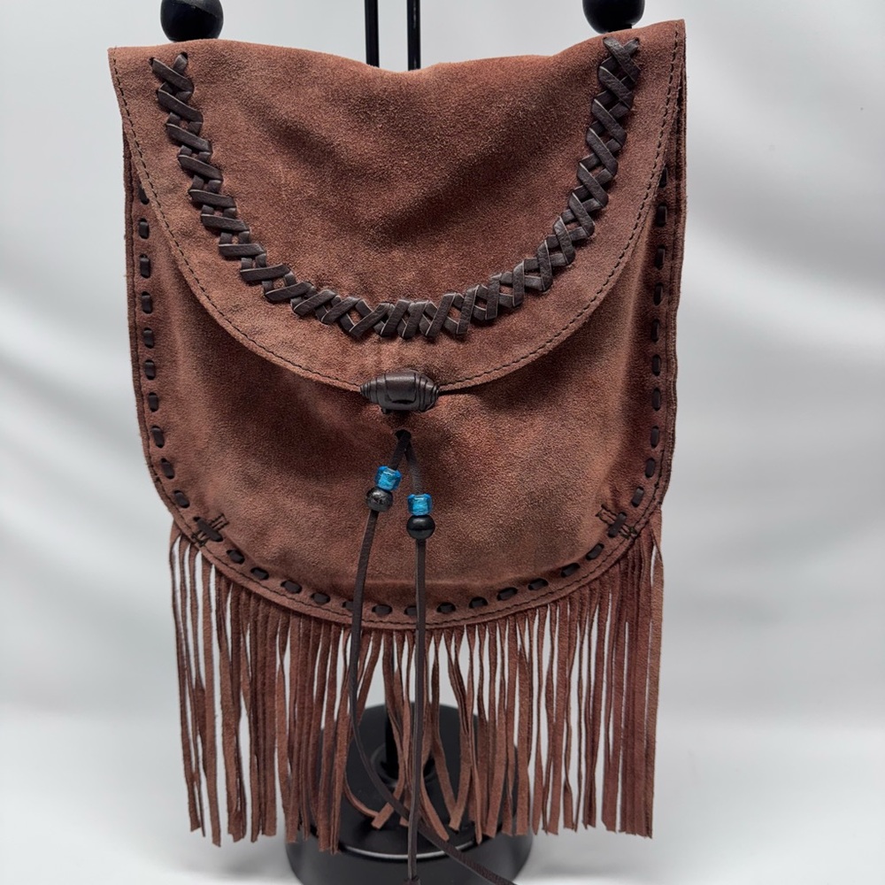 Lucky Brand Foxy Lady Fringe Brown Suede Crossbody Purse Bag EUC Boho Hippie
